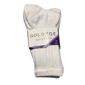 NEW Goldtoe Tech Sport Socks 3 Pair White Cushioned Comfort True Perfect Fit